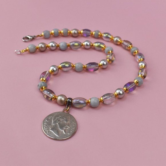 Silver coin charm choker, colorful multi beads and pearl necklace - Picture 4 of 4